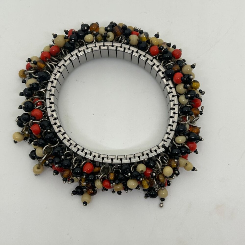 Twist-O-Flex Cha-Cha Bracelet 1960s Vintage Silver-Tone With Multicolor Beads